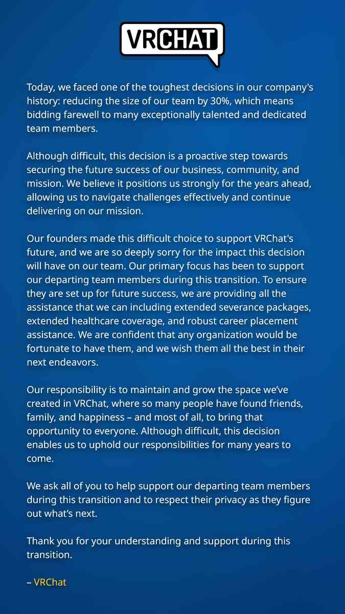 聊天空间《VRChat》开发商招人过度 宣布裁员30%(图1)