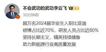 比亚迪吸纳超万名2024届硕博毕业生 研发人员占比近80%(图1)